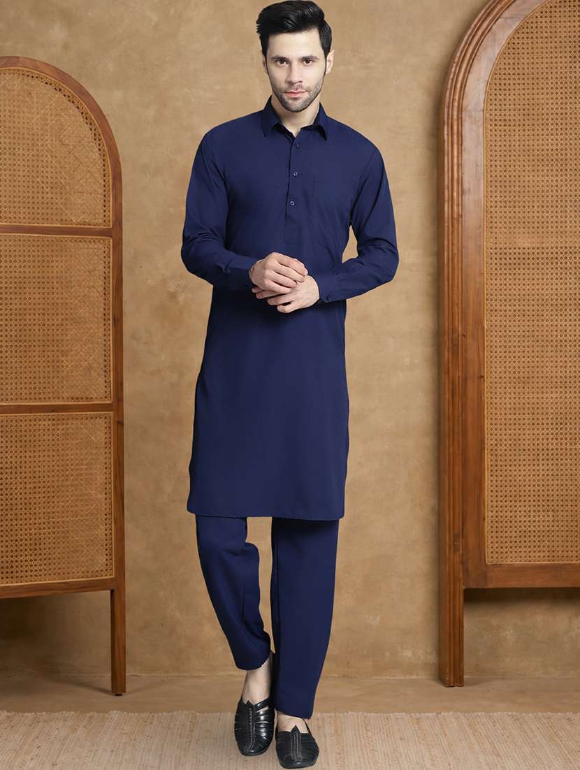 men solid long sleeve pathani ethnic wear set