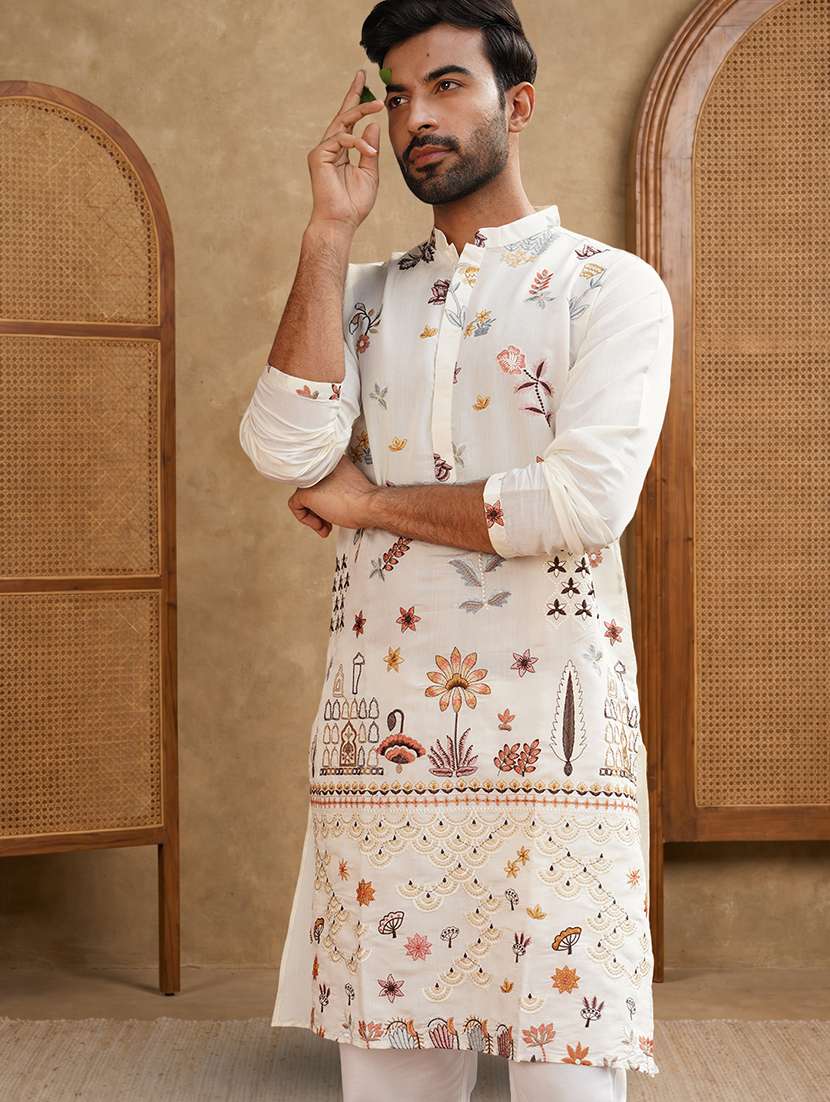 men solid with work mandarin neck kurta pyjama set