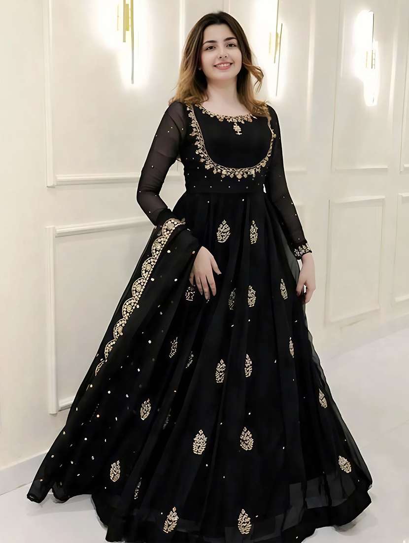 women embroidered round neck gown with dupatta