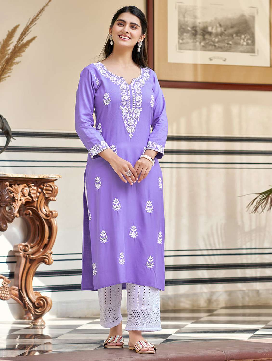women embroidered notch neck kurta and pant set - 22486305 -  Standard Image - 3
