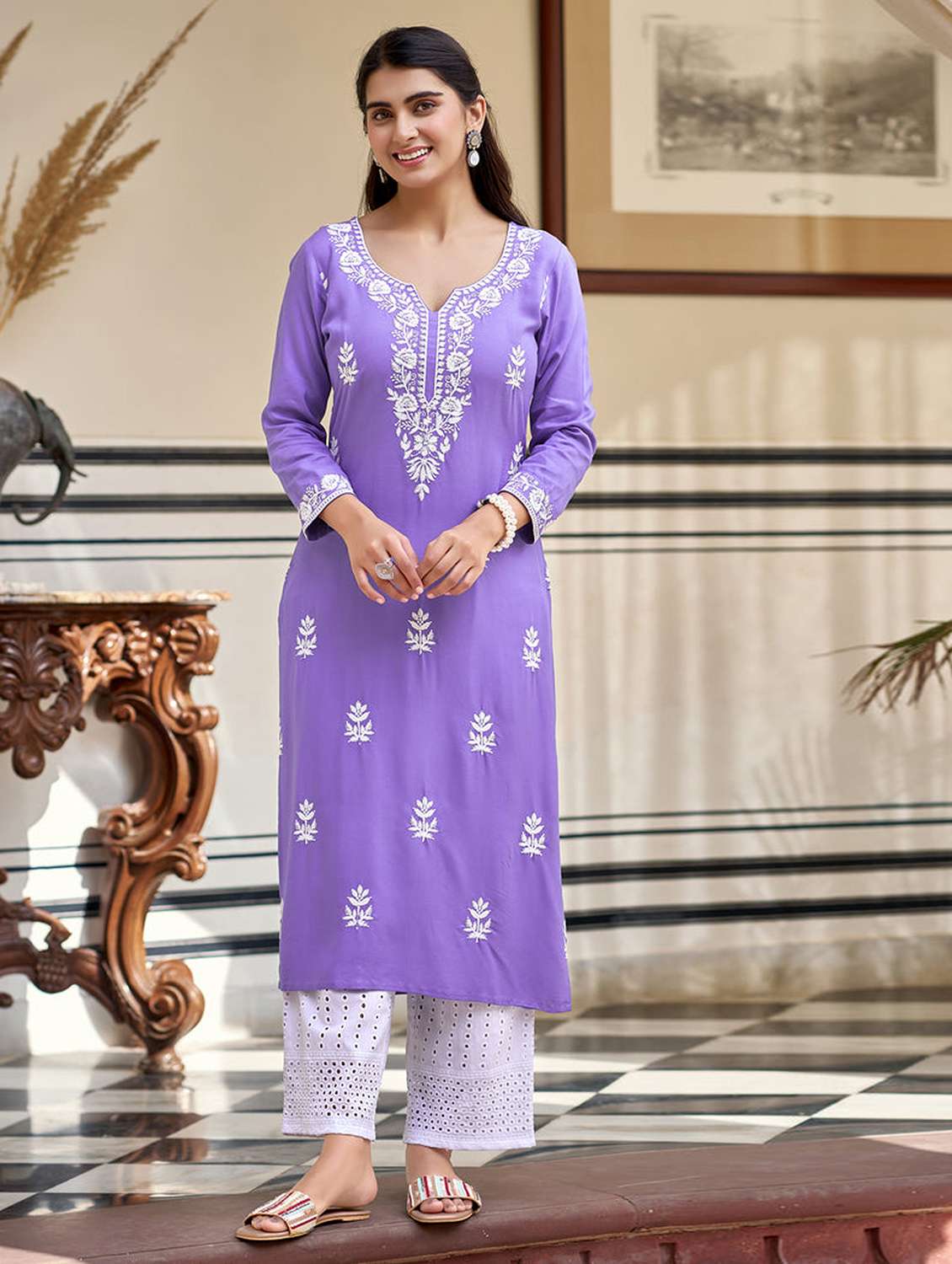women embroidered notch neck kurta and pant set - 22486305 -  Standard Image - 5