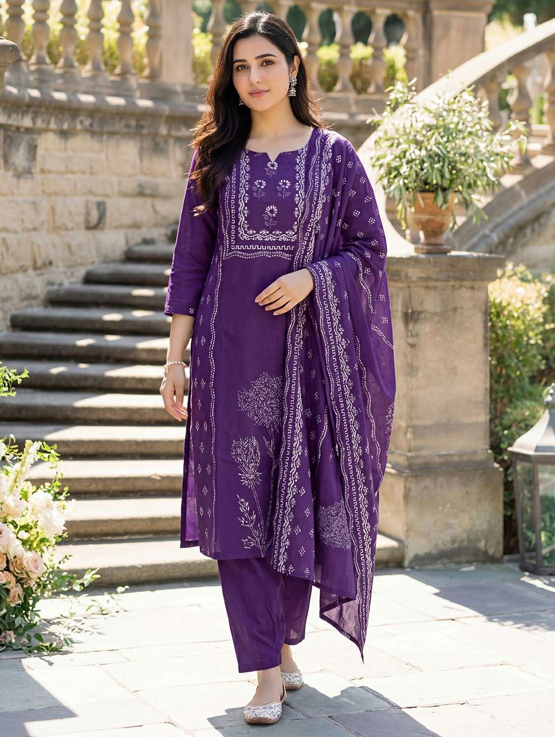 women printed notch neck kurta and pant set with dupatta