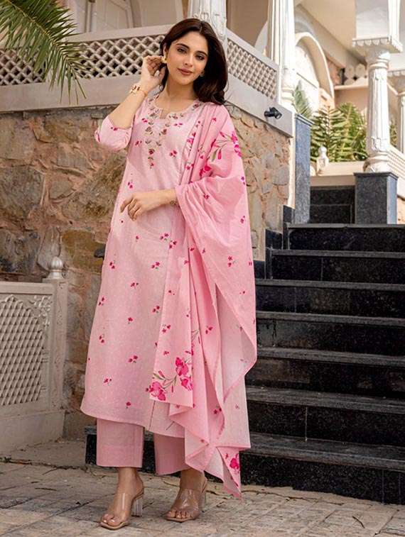 women solid with work three quarter sleeve kurta pant with dupatta set - 22486308 -  Standard Image - 3