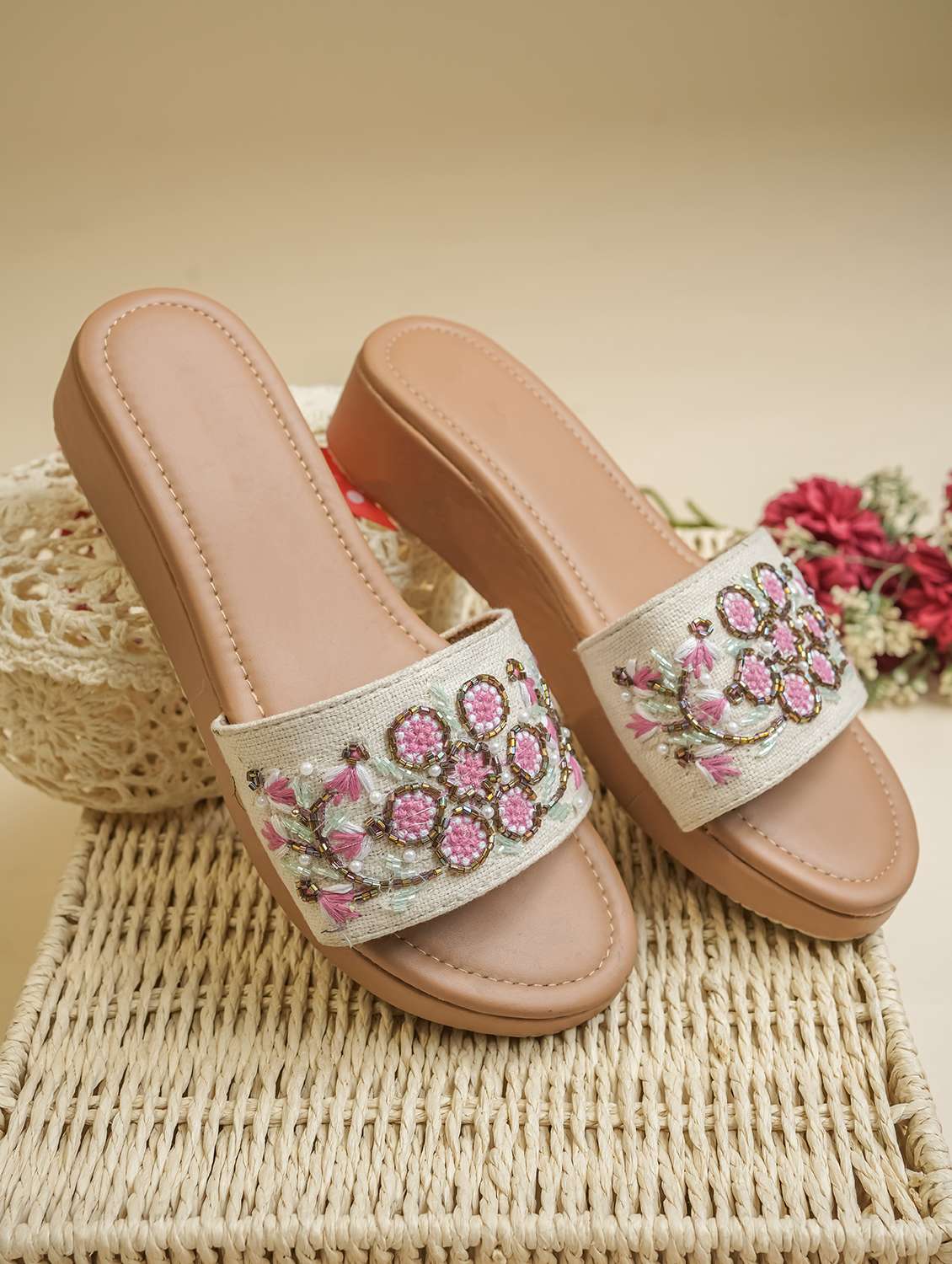 women embroidered slip on wedge