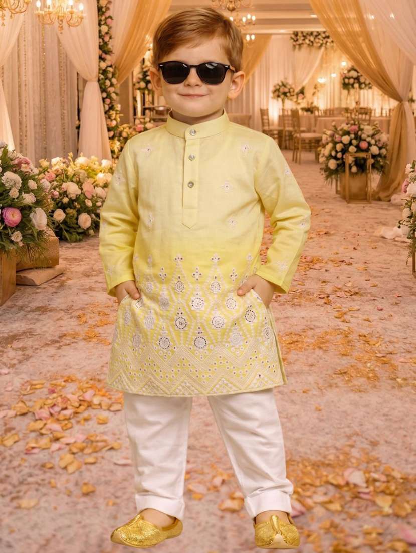 boys yellow cotton blend kurta sets kurtas & kurta set