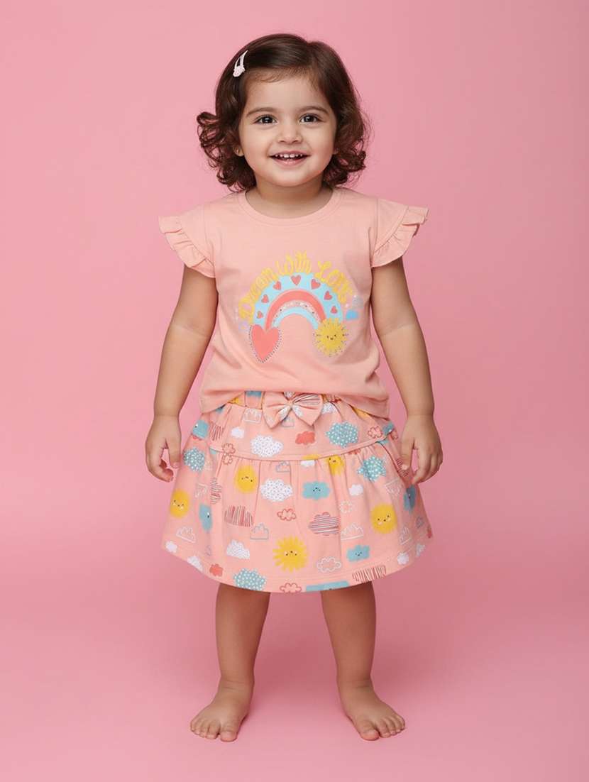 girls printed round neck top and skirt set
