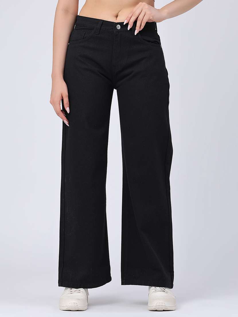 women solid high rise wide leg jeans