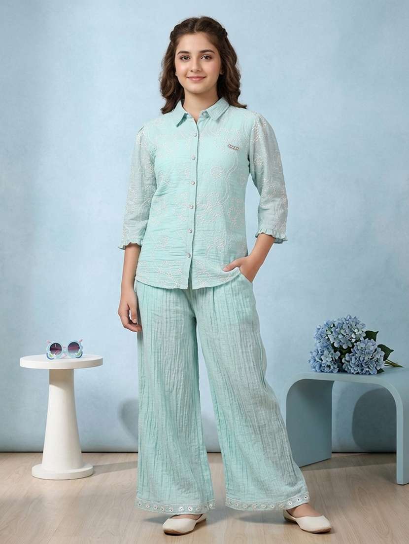 girls embroidered three quarter sleeves shirt and trouser co-ord set