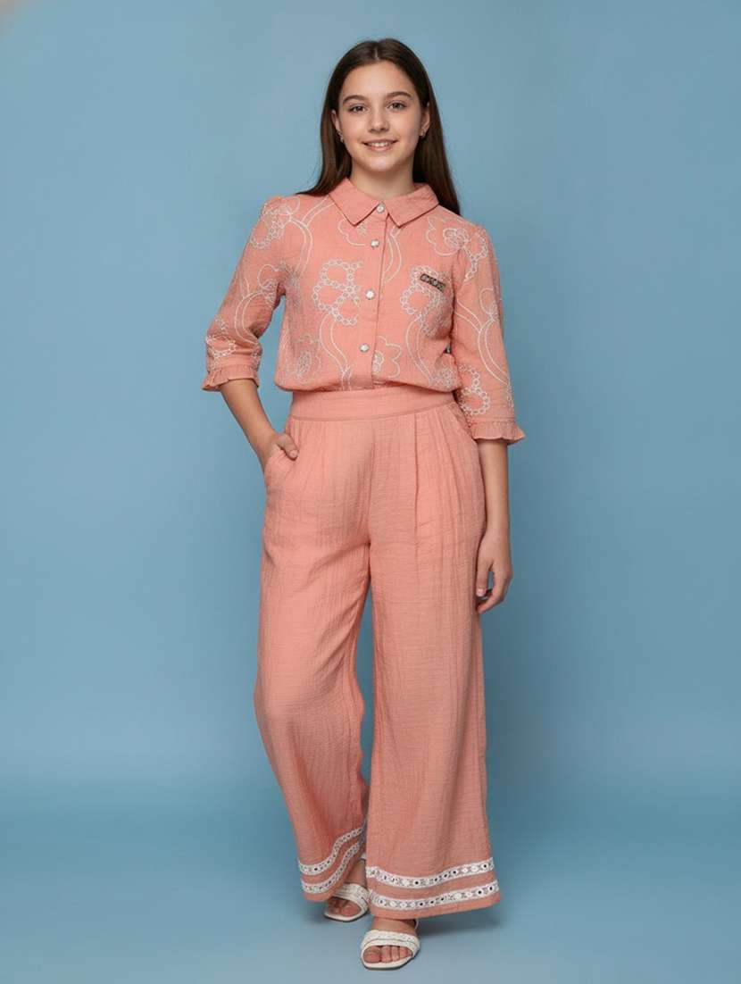 girls embroidered three quarter sleeves shirt and trouser co-ord set