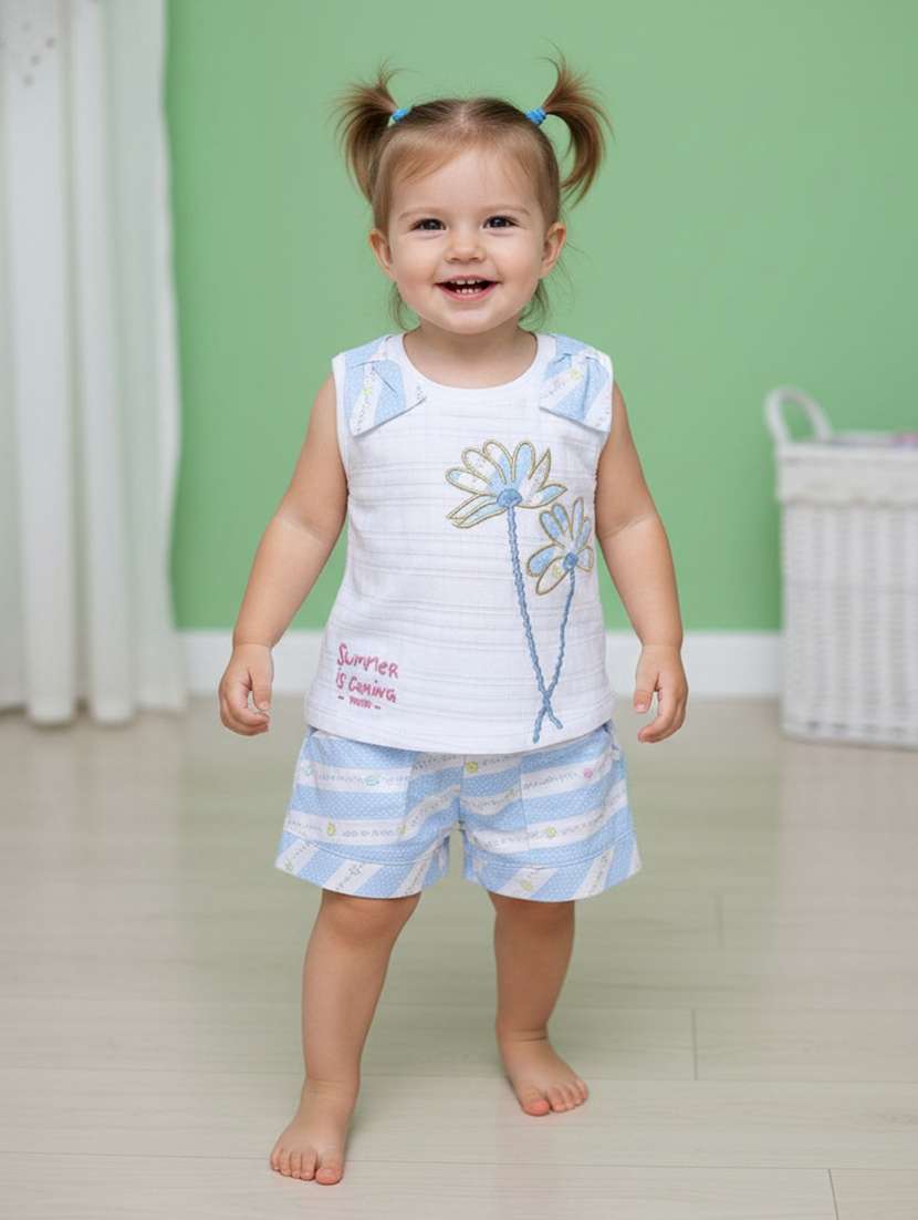 girls printed round neck top and shorts set