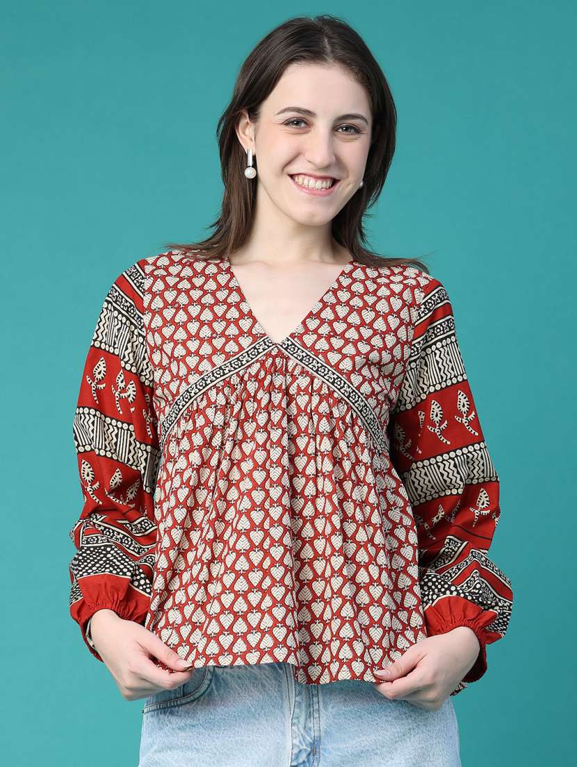 women printed long sleeves a-line top