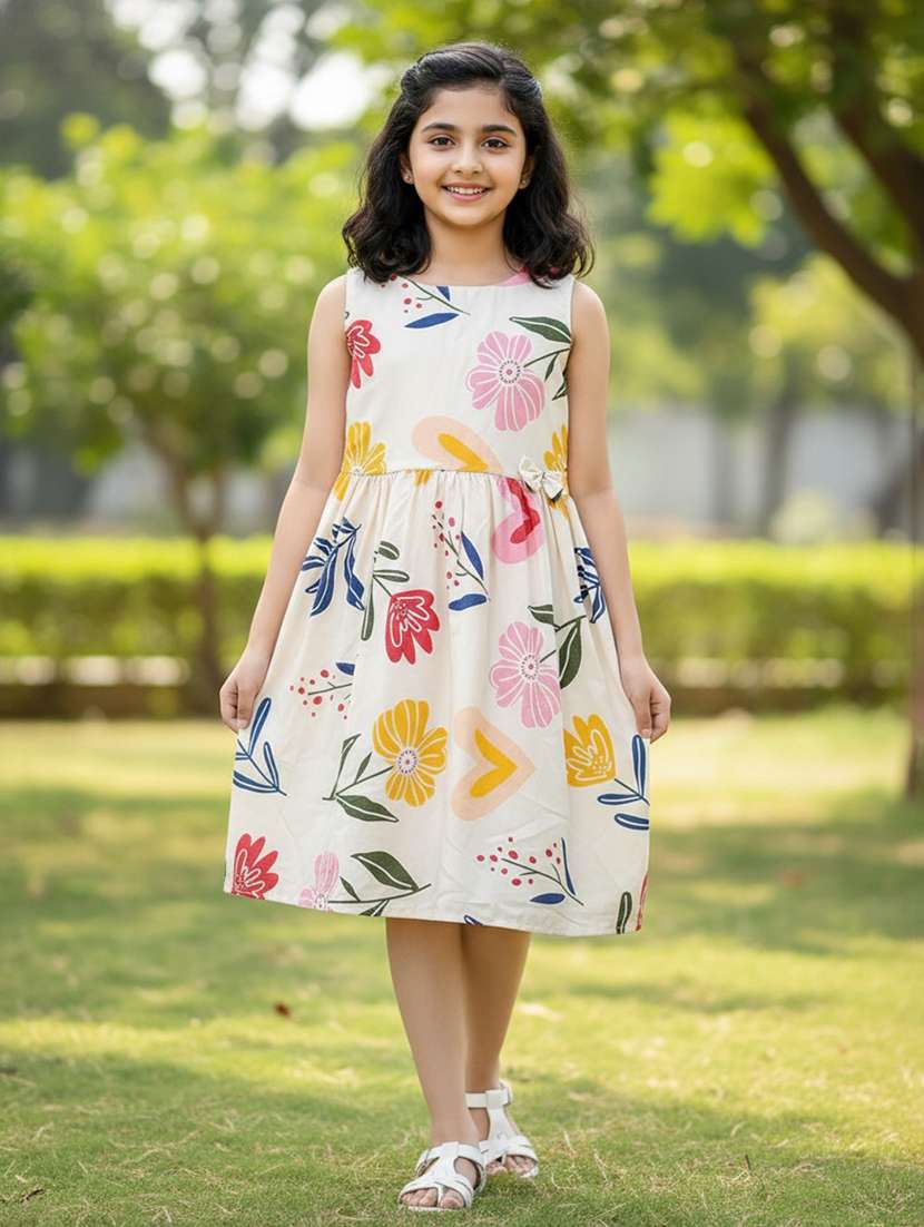 girls printed sleeveless fit and flare frock