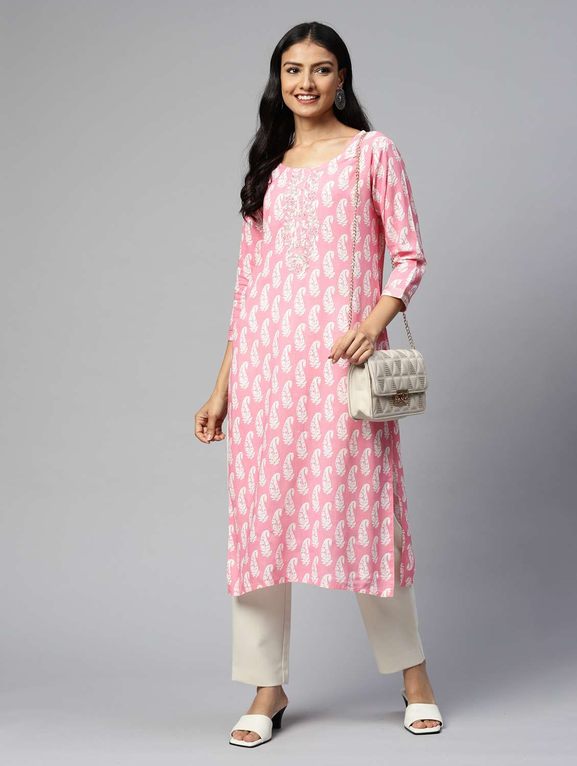 women printed three quarter sleeve straight kurta