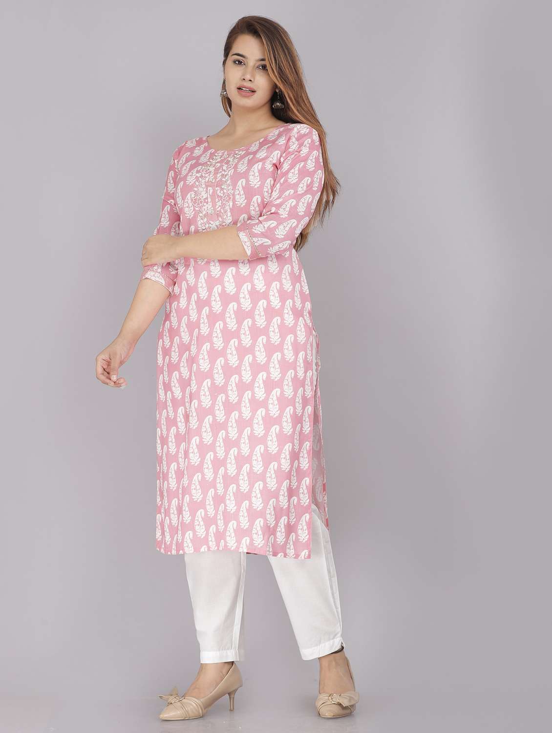 women printed three quarter sleeve straight kurta - 22486891 -  Standard Image - 3