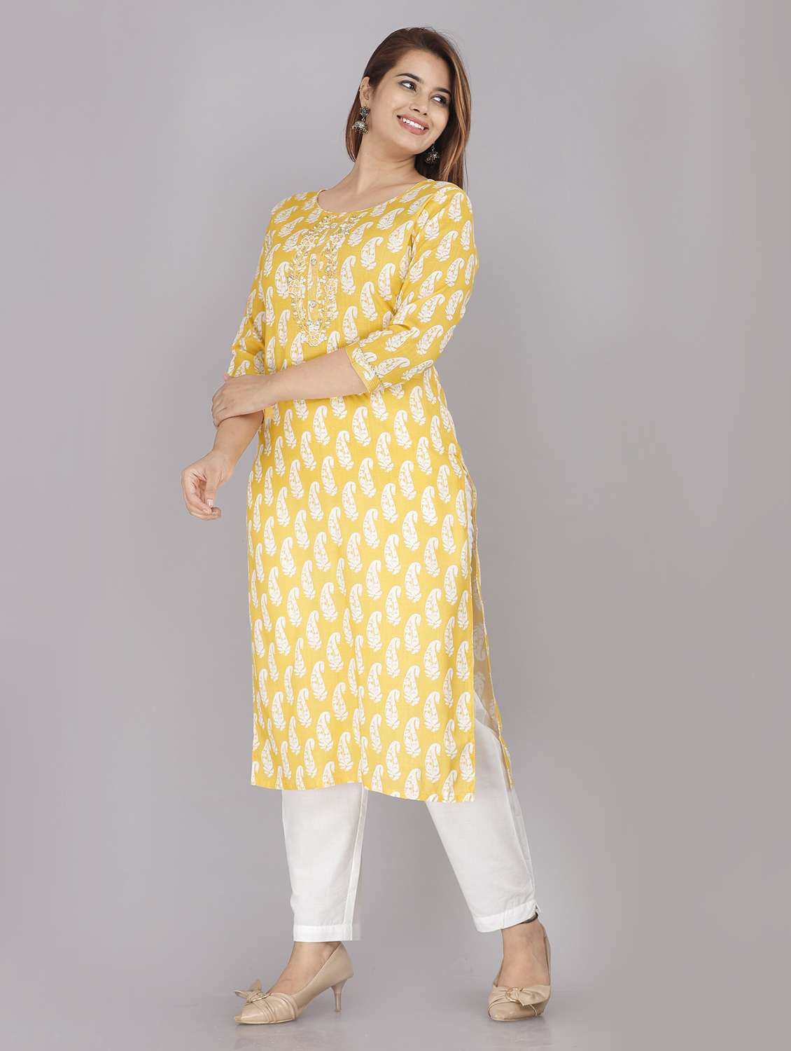 women printed three quarter sleeve straight kurta - 22486892 -  Standard Image - 3