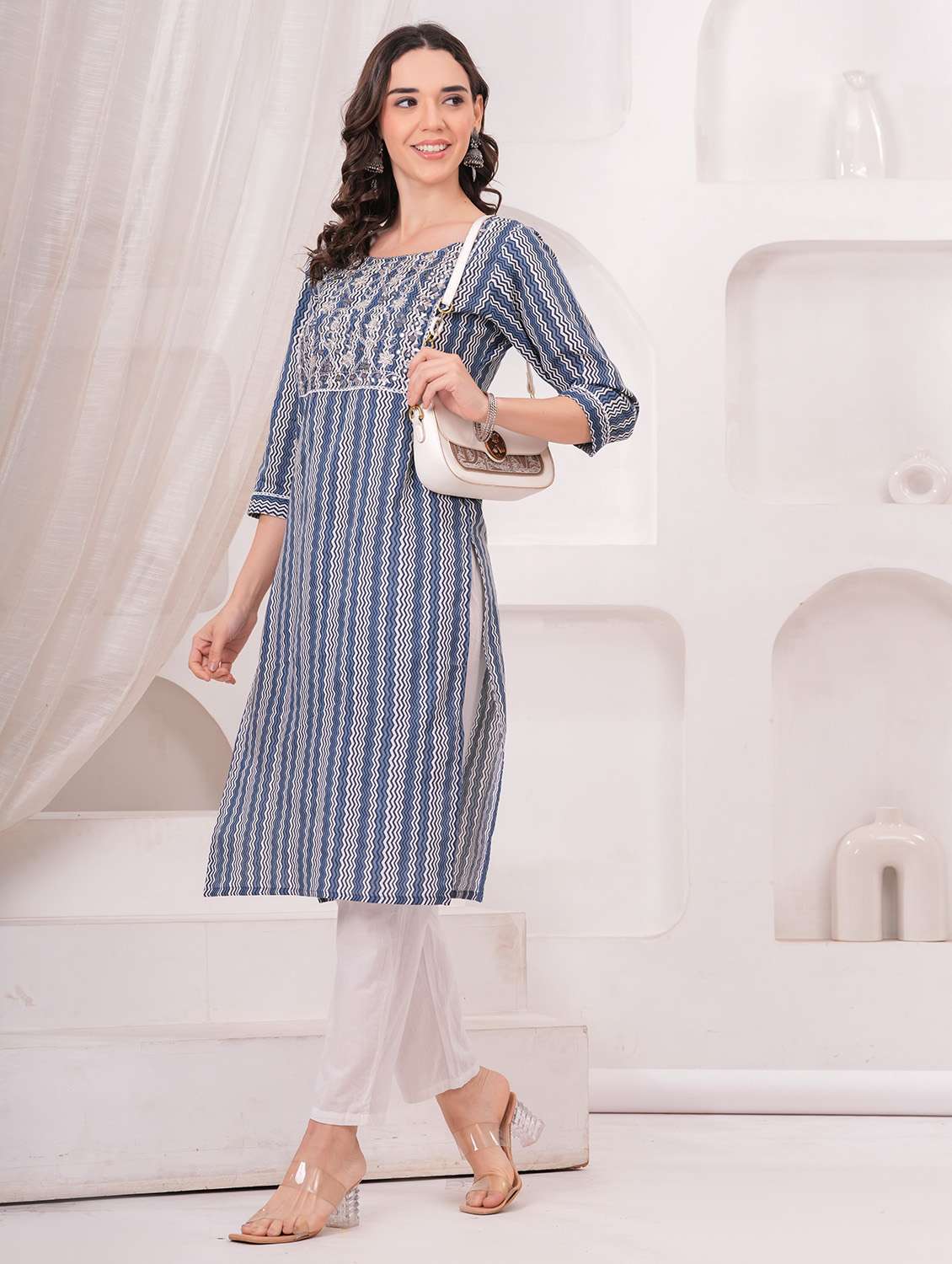 women printed three quarter sleeve straight kurta