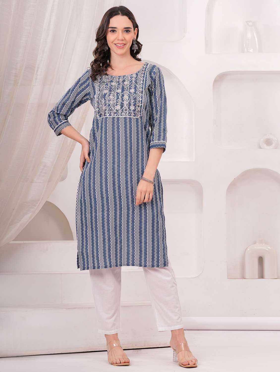 women printed three quarter sleeve straight kurta - 22486897 -  Standard Image - 3