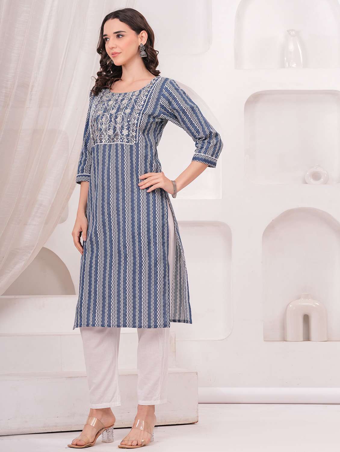 women printed three quarter sleeve straight kurta - 22486897 -  Standard Image - 5