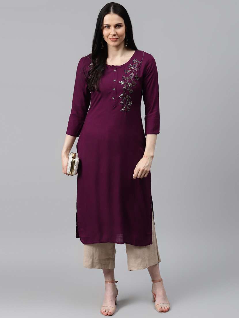 women solid with work three quarter sleeve straight kurta