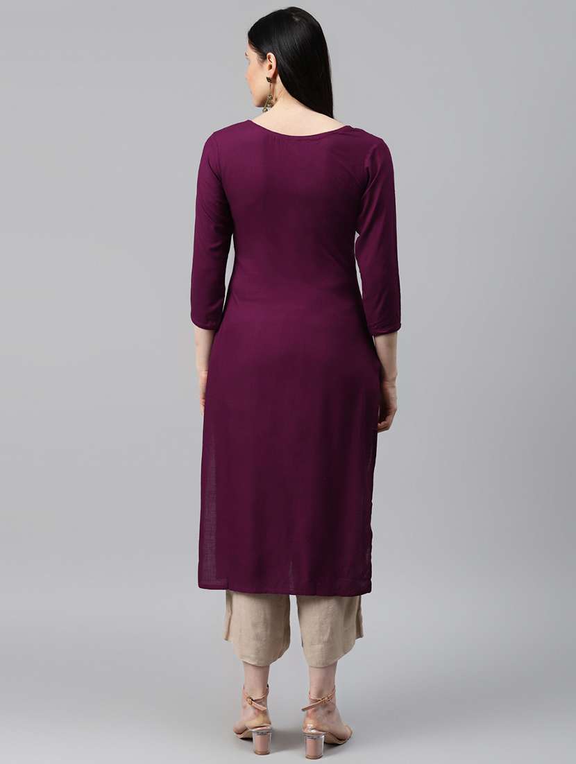 women solid with work three quarter sleeve straight kurta - 22486898 -  Standard Image - 3