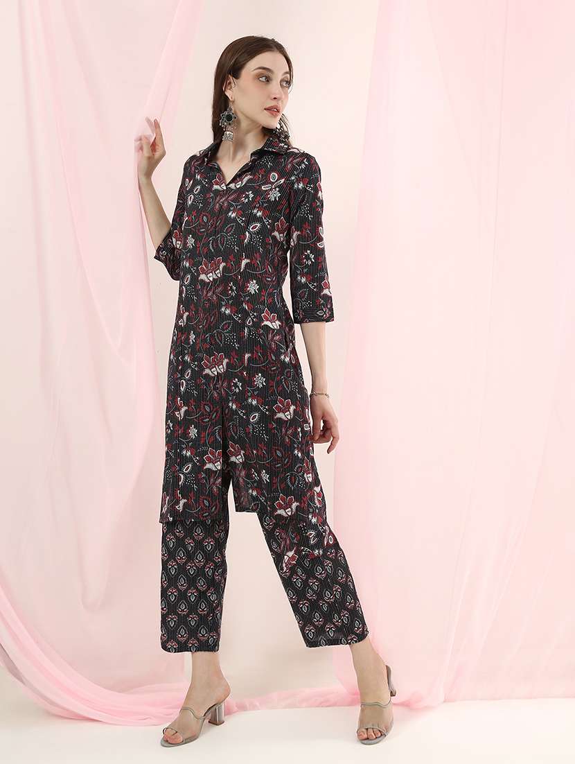 girls floral print cotton blend kurta pant set