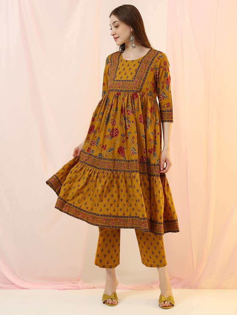 women mustard kurta pant set ethnic suit