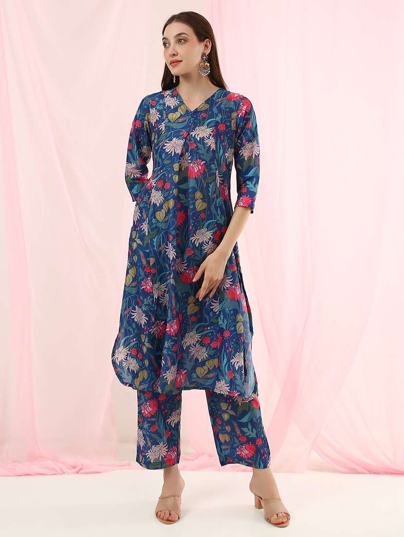 girls polyester floral kurta pant set