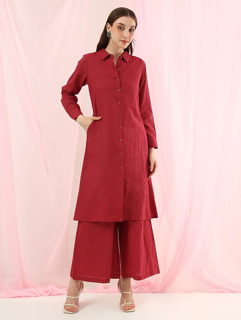 girls cotton striped shirt collar kurta pant set