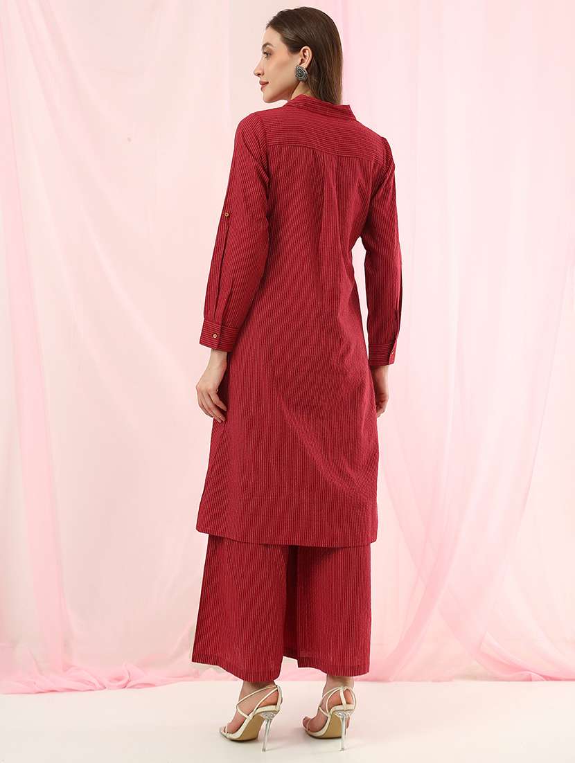 girls cotton striped shirt collar kurta pant set - 22486928 -  Standard Image - 3
