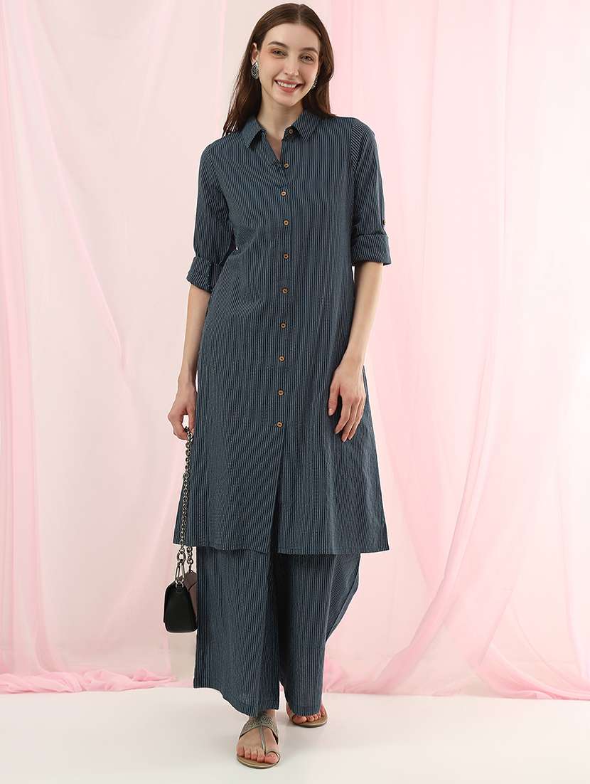 girls cotton striped shirt style kurta pant set