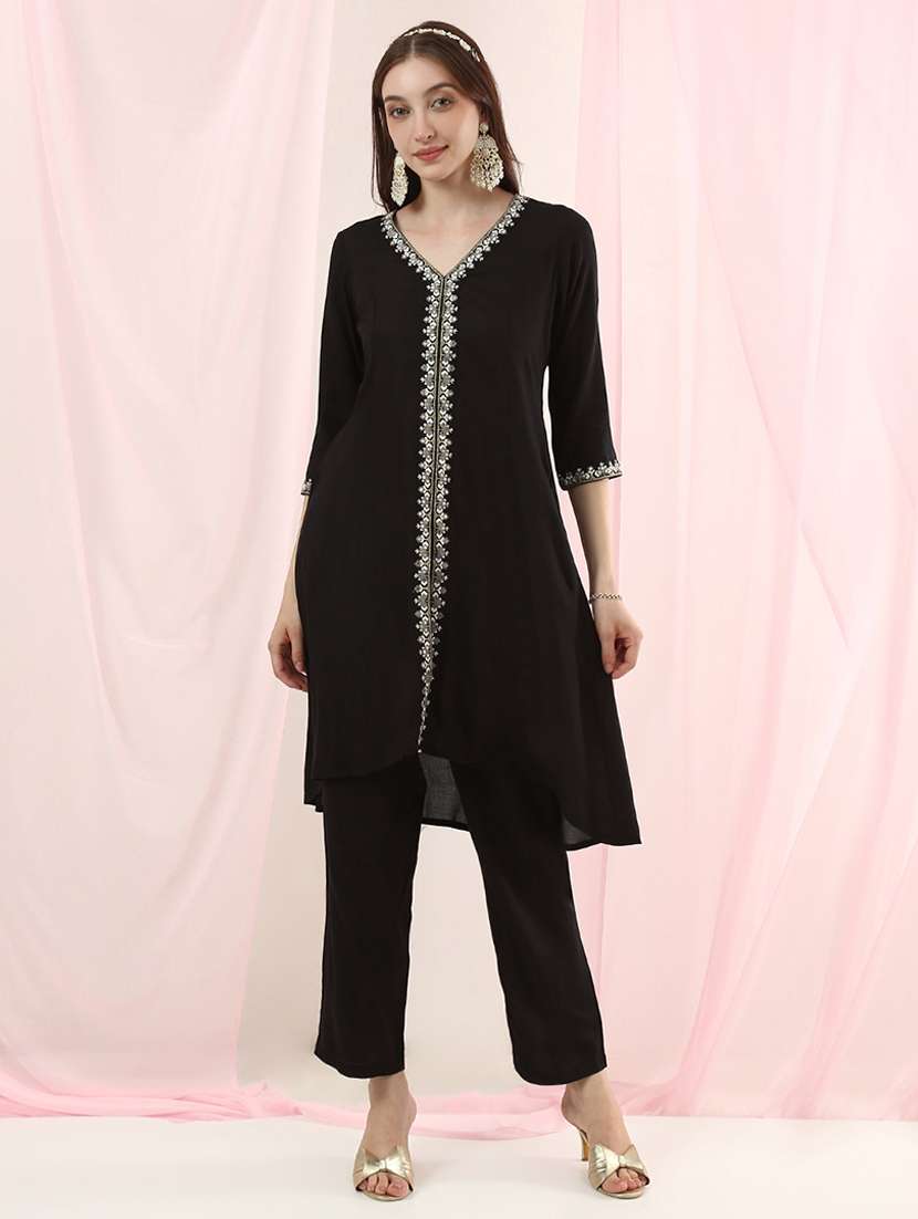 girls rayon kurta pant set with mirror work