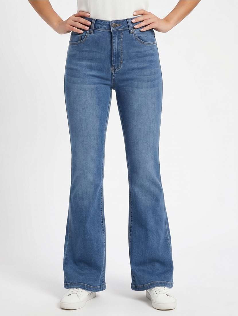 women solid high rise bootcut jeans