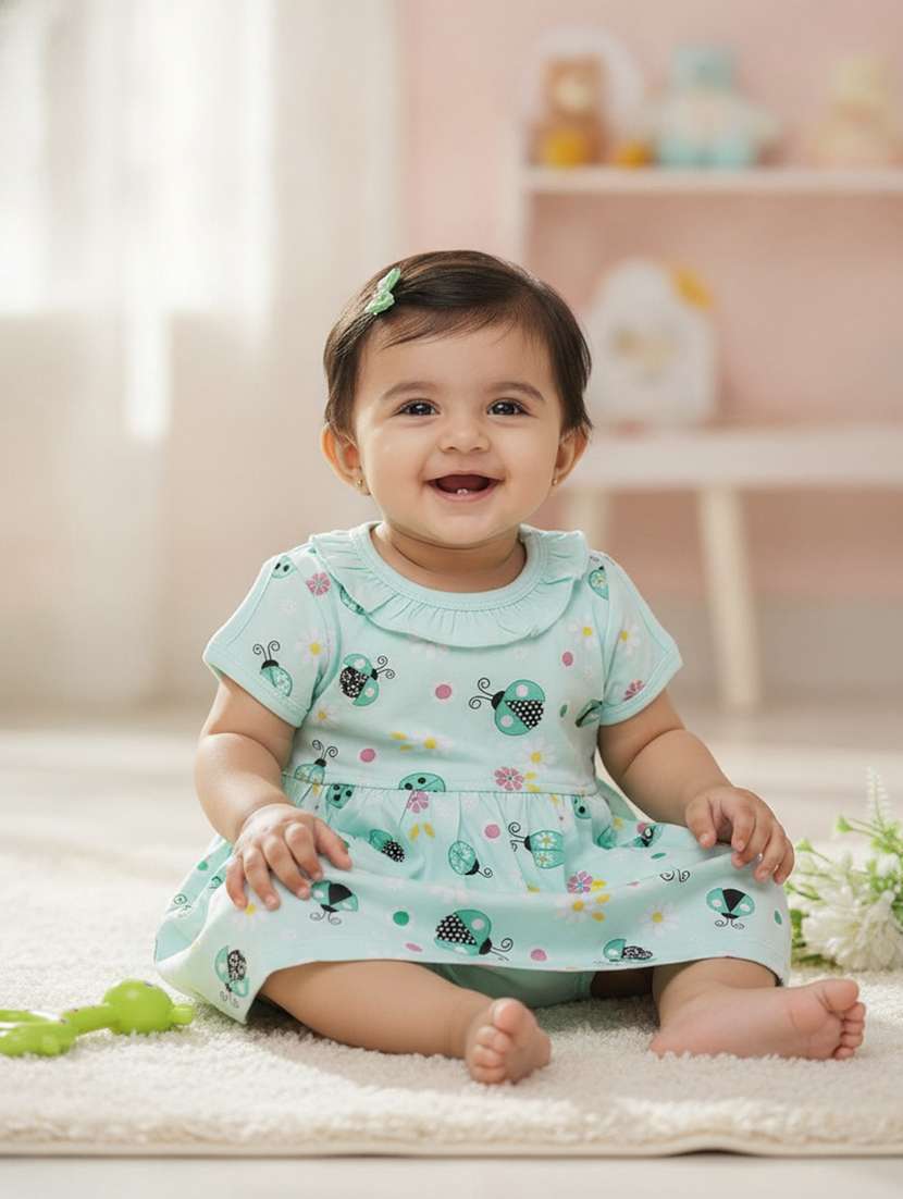 girls printed round neck frock with bloomer