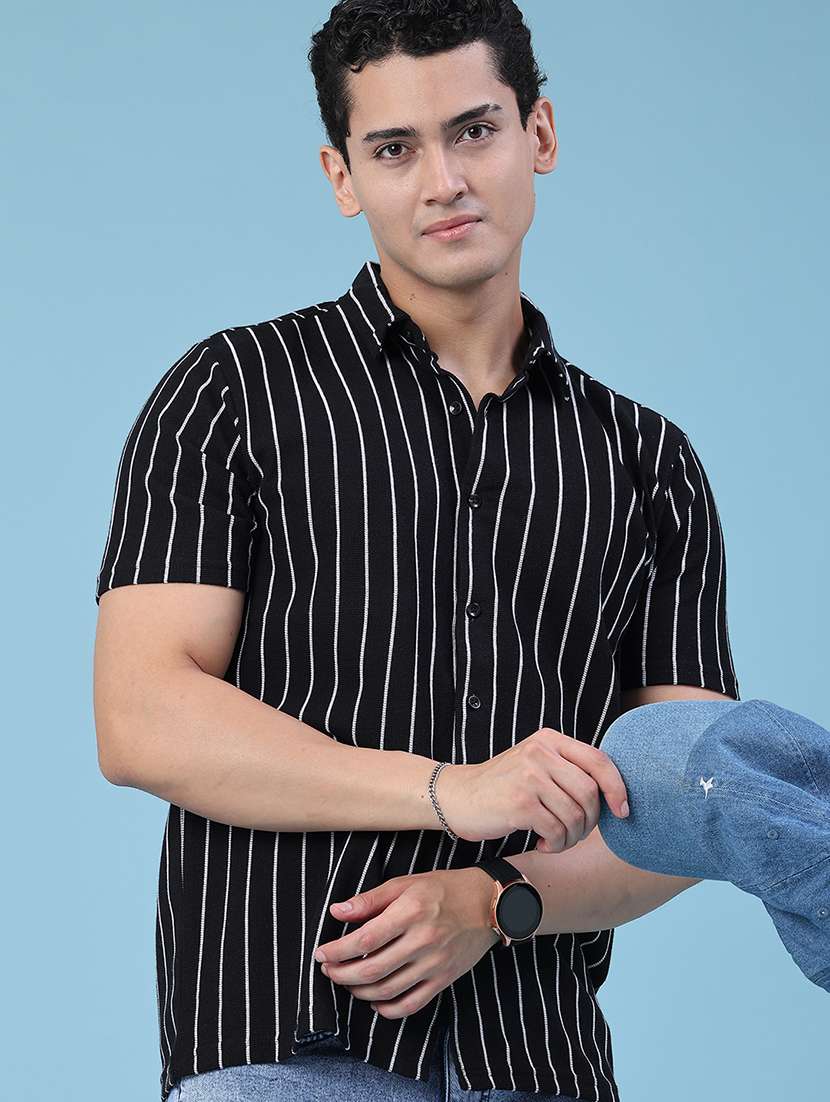 men striped short sleeve slim fit casual shirt