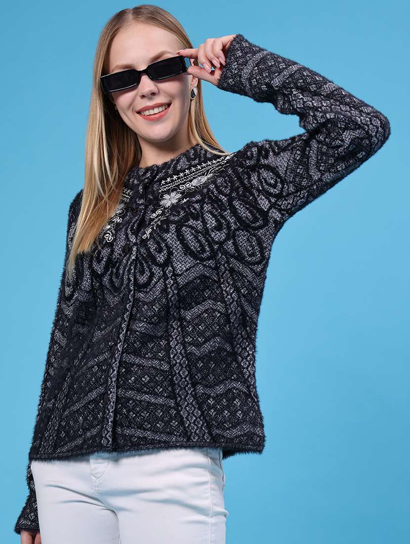 women self design long sleeves regular fit cardigan