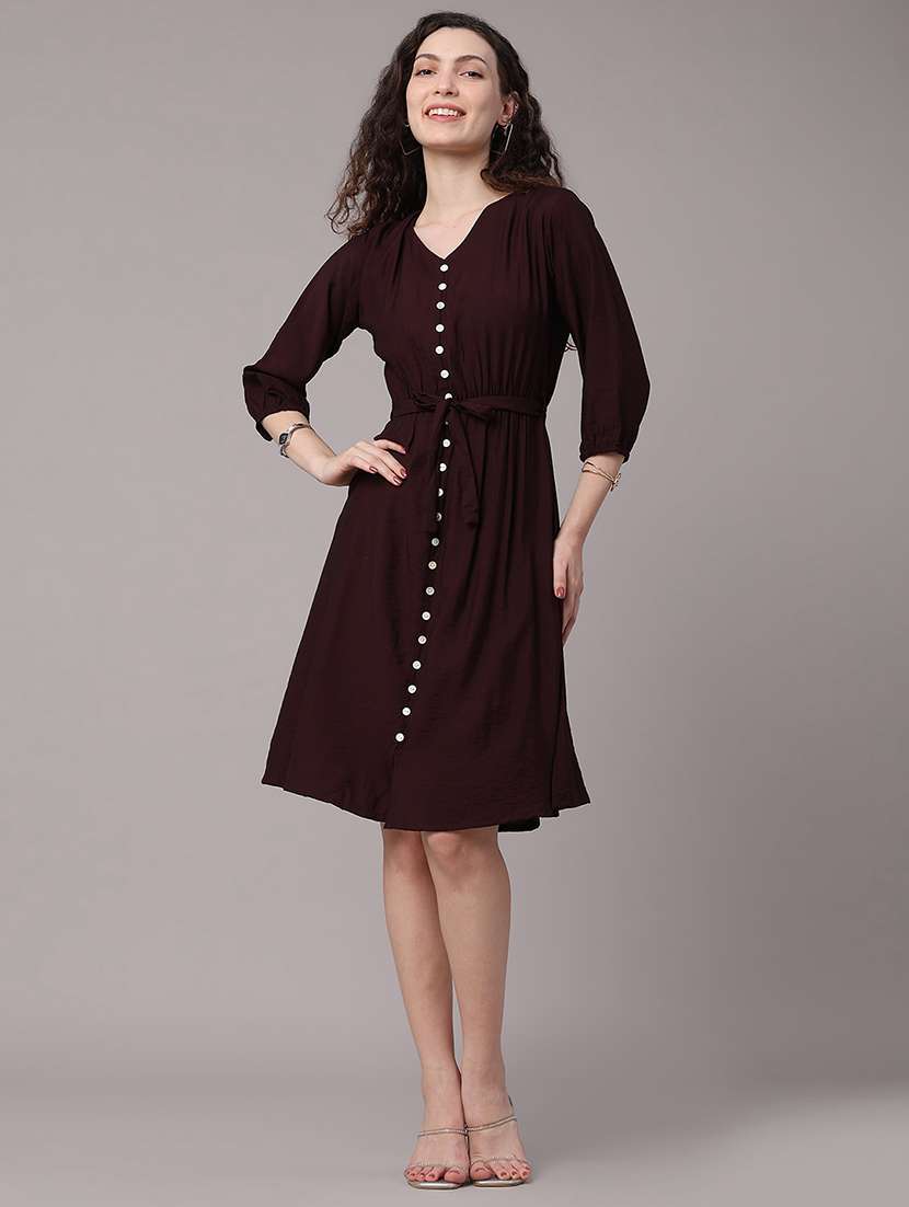 women solid v neck a-line dress