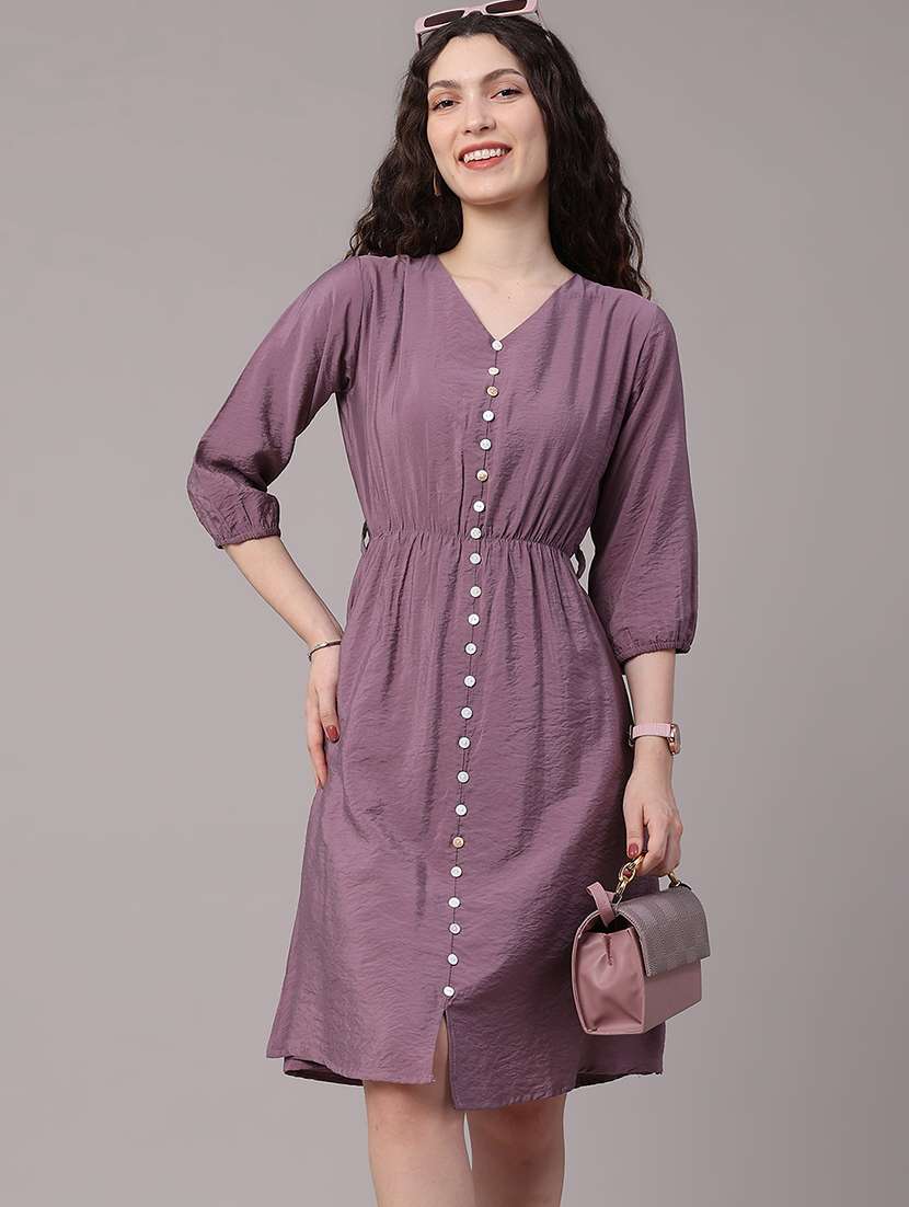 women solid v neck a-line dress