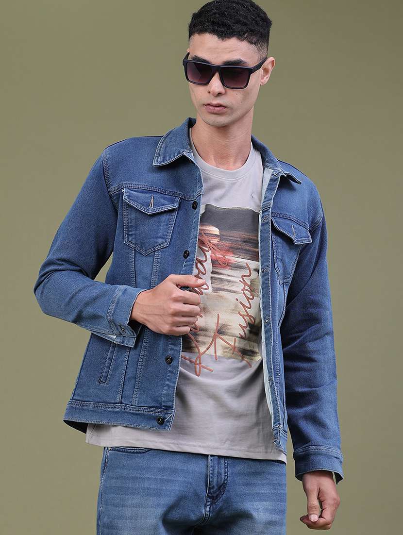 men washed long sleeve denim jacket