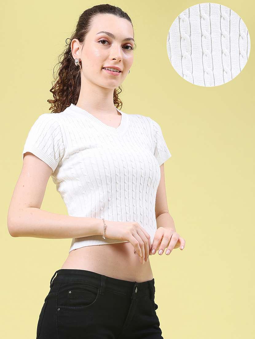 Women Self Design Short Sleeves Crop Top - 22489121 -  Standard Image - 3