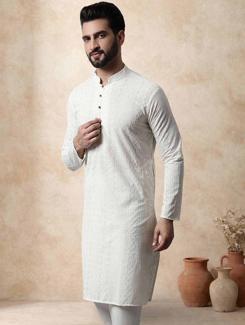 men solid with work mandarin neck long kurta - 22489355 -  Standard Image - 3