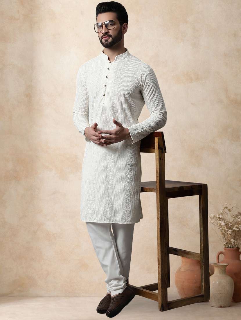 men solid with work mandarin neck long kurta - 22489355 -  Standard Image - 5