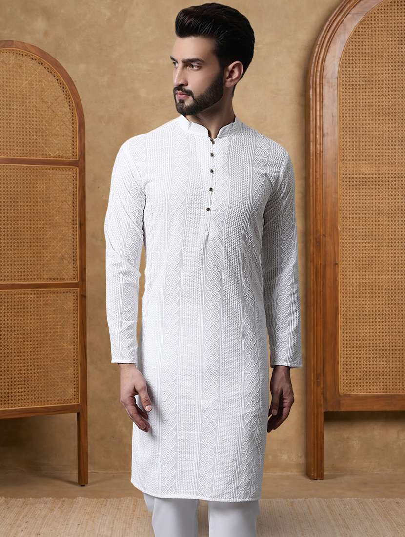 men solid with work mandarin neck long kurta