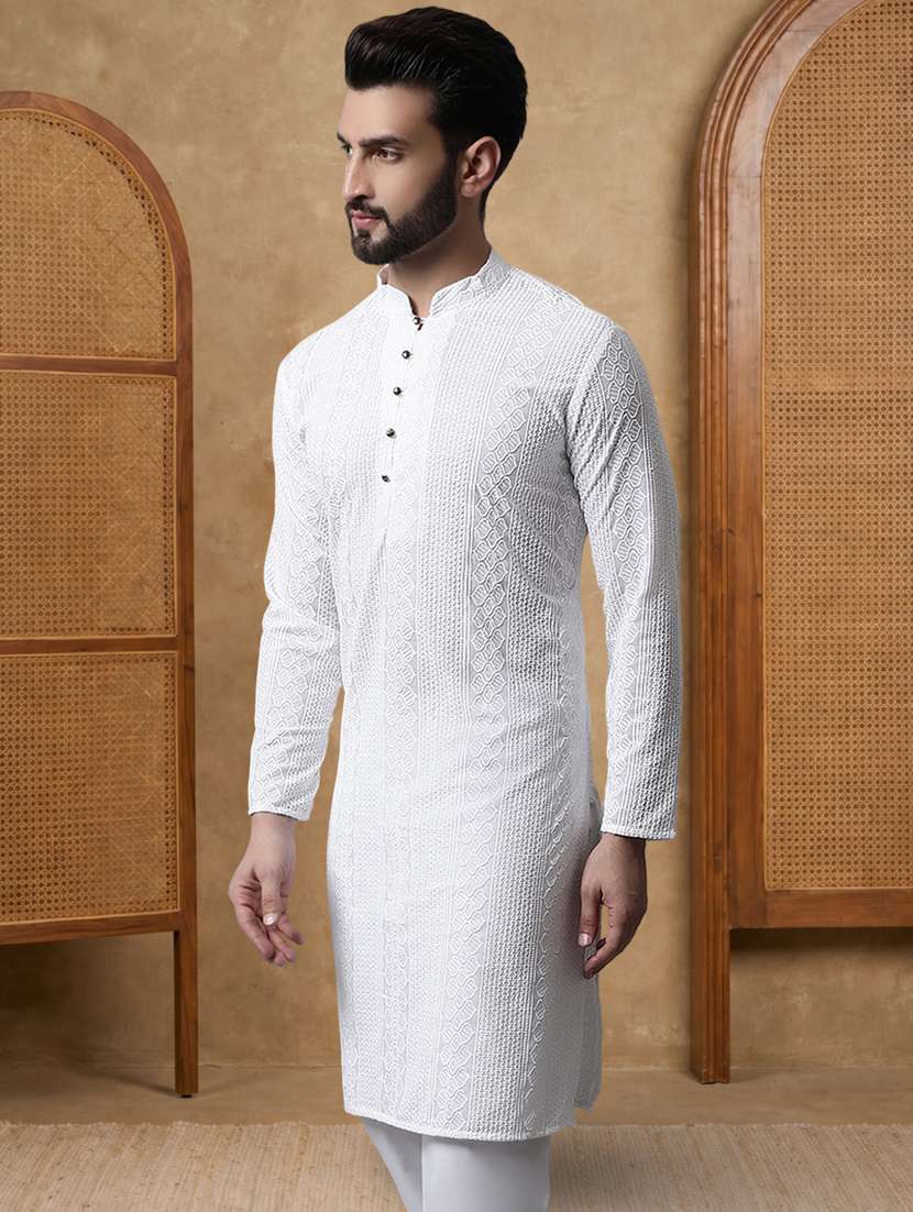 men solid with work mandarin neck long kurta - 22489357 -  Standard Image - 3