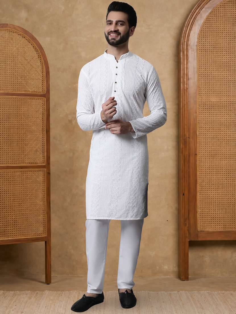men solid with work mandarin neck long kurta - 22489357 -  Standard Image - 5