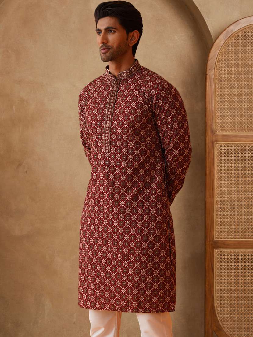 men solid with work mandarin neck long kurta - 22489361 -  Standard Image - 3