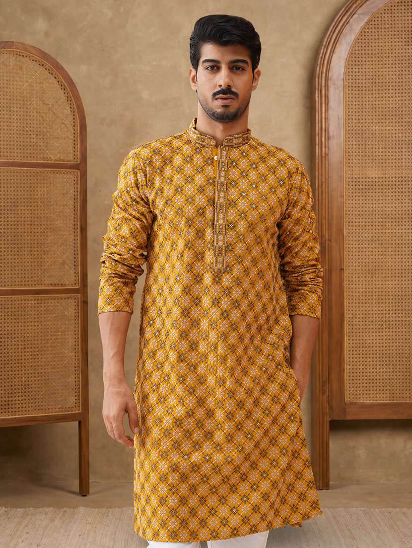 men solid with work mandarin neck long kurta