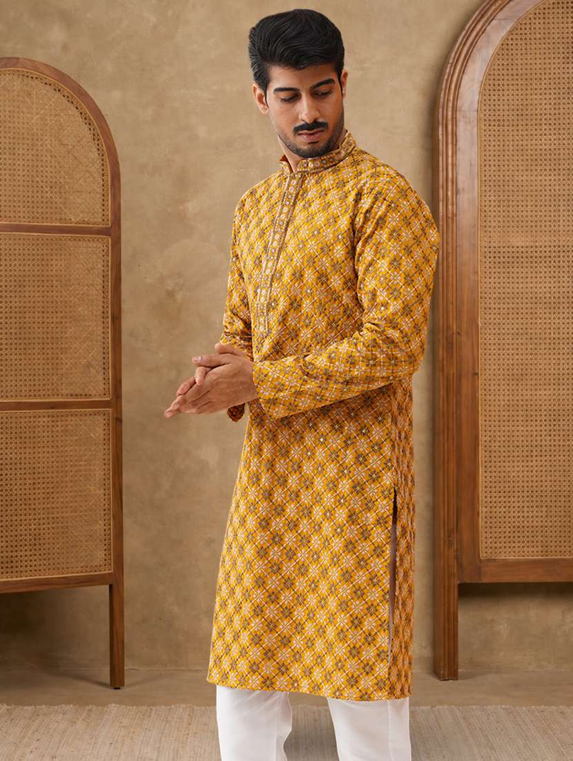 men solid with work mandarin neck long kurta - 22489362 -  Standard Image - 3