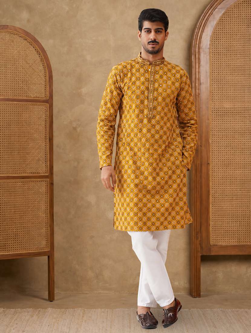 men solid with work mandarin neck long kurta - 22489362 -  Standard Image - 5