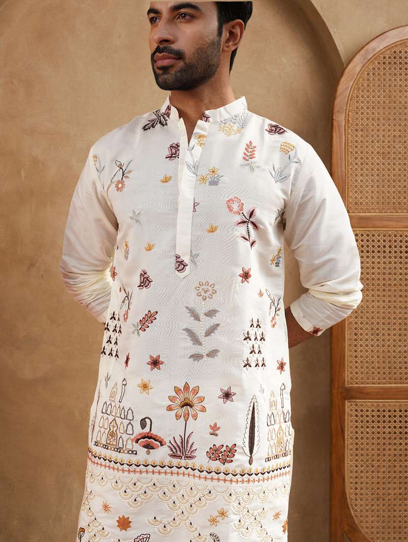 men solid with work mandarin neck long kurta - 22489363 -  Standard Image - 3