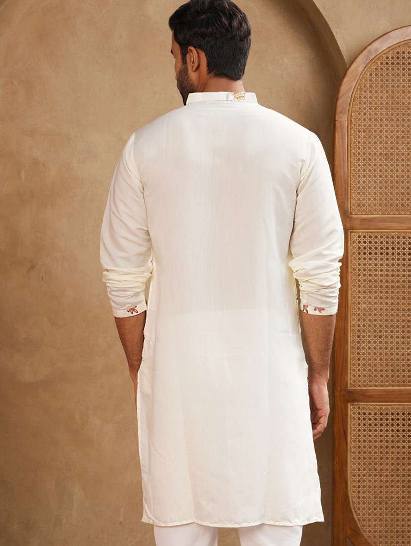 men solid with work mandarin neck long kurta - 22489363 -  Standard Image - 5